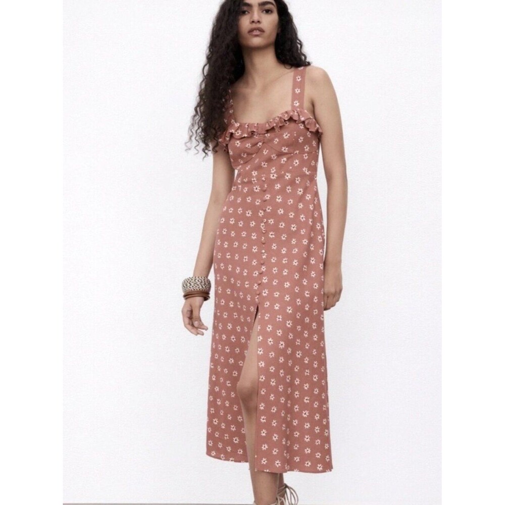 Zara Floral Linen Blend Midi Dress S NWT